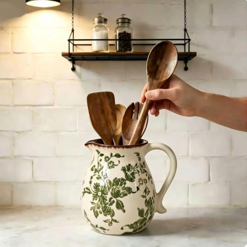 Farmhouse Ceramic Utensil Holder (green leaves)