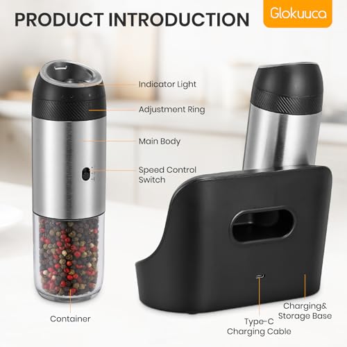 Rechargeable Gravity Electric Salt Grinder Set (Stainless Steel with Charging Base)