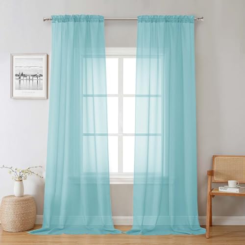 Aqua Sheer Curtains for Living Room 96 Inches Long 2 Pcs (Aqua / 42"W x 96"L (Pack of 2))