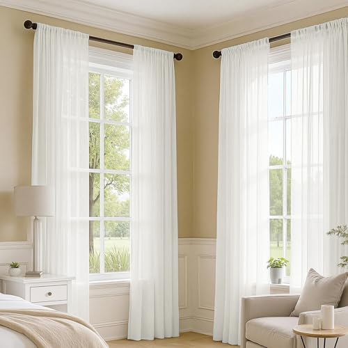 Beige White Sheer Curtains 90 Inches Long 4 Panels 42 x 90 Inches (42"W x 90"L (Pack of 4) / Beige White)