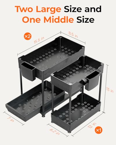 3-Pack 2-Tier Under Sink Organizers with Sliding Drawers (12.8 Inch / Black)