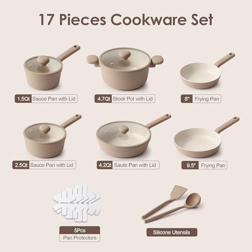 Ceramic Nonstick Pots and Pans Set (Almond Beige / 17pcs)