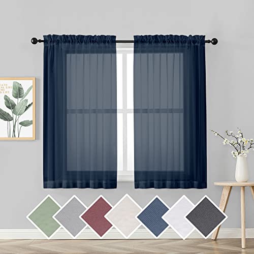 Sheer Curtains 45 inches Long for Kitchen Curtains (Navy Blue / 42"W x 45"L (Pack of 2))