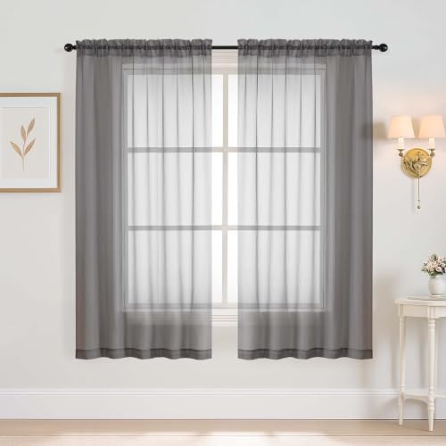 Extra Wide Charcoal Grey Sheer Curtains for Windows 63 inch Length (59"W x 63"L (Pack of 2) / Charcoal Grey)