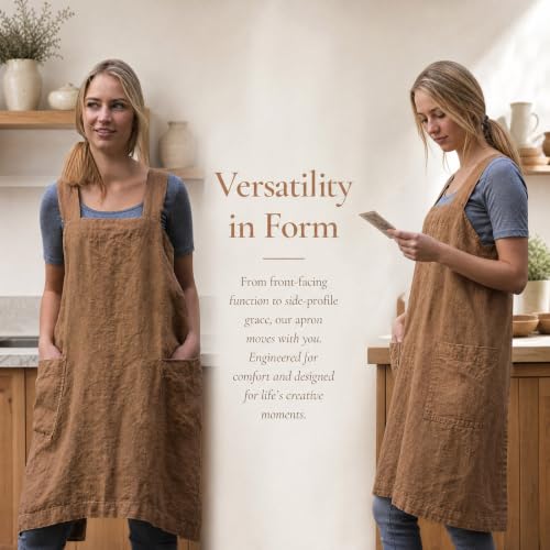 Women's Pinafore Apron Cross Back Apron with Pockets Cotton Linen Apron Plus Size Dress (Medium / Brown)