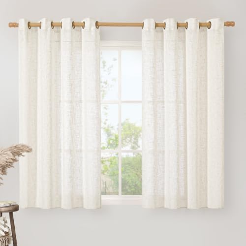 Linen Semi Sheer Curtains 45 Inch Length for Bedroom 2 Panels (52"W x 45"L (Pack of 2) / Cream)