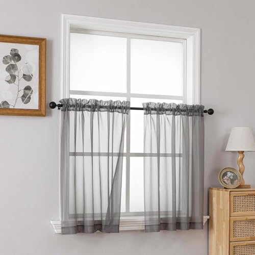 Grey Small Sheer Curtains Tier 24 Inches Length 2 Pieces (42"W x 24"L (Pack of 2) / Charcoal Grey)