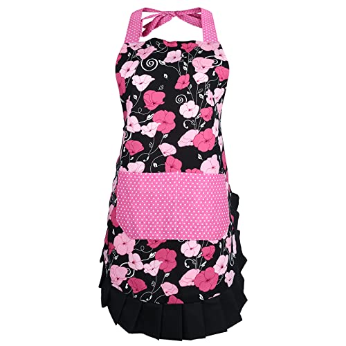 Cotton Kitchen Apron with Pocket (Pink+black-morning Glory)