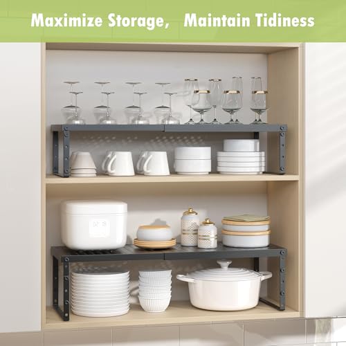Expandable Cabinet Organizer Shelf With Adjustable Height (Black-2 Pack / 10.23"D*15.35-26.77"W x 7.5"H)