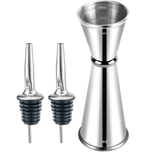 Double Cocktail Jigger for Bartending (Rolled Edge-1oz/2oz-1PC+2 Pourers / Silver)