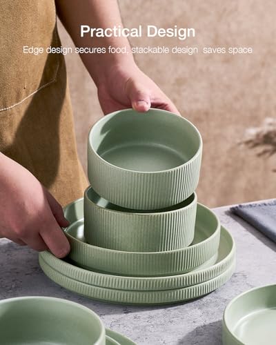 Star Stoneware Dinnerware Sets with Pasta Bowls (Matte Sage Green)