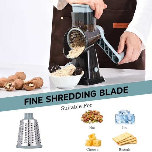 Rotary Cheese Grater with Handle Kitchen Shredder Slicer Grater Slicer Ice Shaver Cheese Vegetable Nuts Potato Zucchini Chocolate 3 Interchangeable Blades (9.06"L x 4.33"W x 9.07"H / GreyBlue)