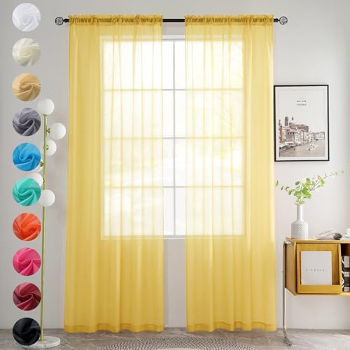 Solid Sheer Rod Pocket Curtain Voile Draperies 2 Panels White Beige Black Grey Coffee 52 Inch Width 72 Inch Long 1 Pair for Kitchen Bedroom Children Living Room Yard (Yellow / 52"W x 72"L (Pack of 2))