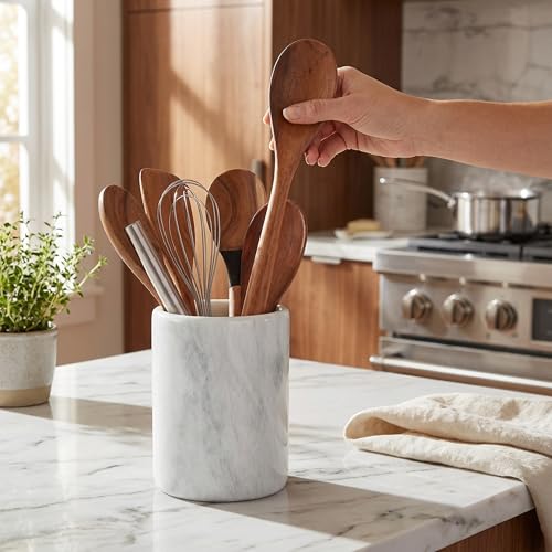 Marble Utensil Holder Kitchen Counter (White)