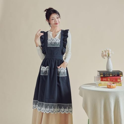 Cute Cotton Apron Frilly Lace Ruffle Adjustable Pinafore Apron Dress with Pockets for Cooking Baking Cleaning Gardening (Navy)