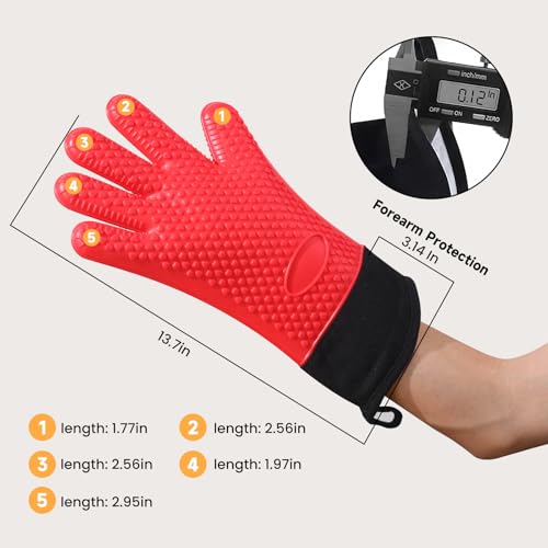 BBQ Gloves Heat Resistant Oven Mitts (Red / Large)