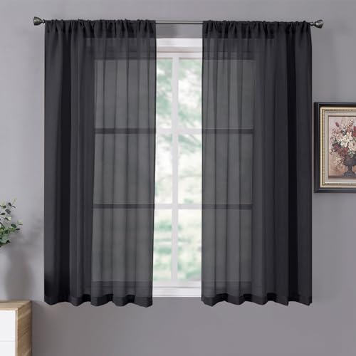 Short Sheer Curtain Linen Textured Bedroom Curtains Sheer Light Filtering Rod Pocket Voile Curtain for Living Room (54"W x 54"L (Pack of 2) / Black)