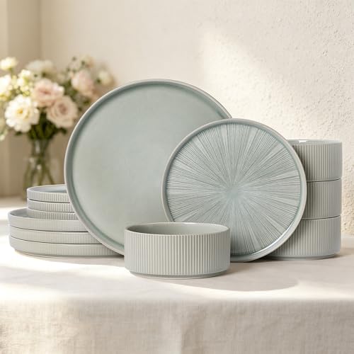 Stoneware Dinnerware Sets for 4 (Sage Green / 4-Set(12pcs))