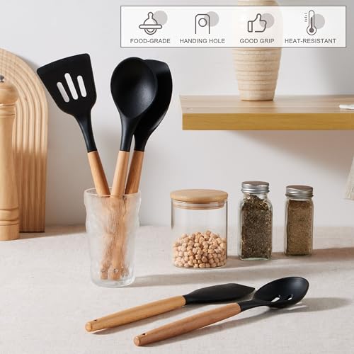Silicone Cooking Utensils Set with Heat Resistant Wood Handle (10 / Black)