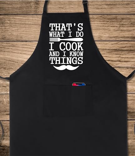 Funny Apron for Men 100% Cotton That's What I Do I Cook And I Know Things Adjustable Bib Aprons with 2 Pockets Grill Kitchen Cooking BBQ Black (That's What I Do I Cook and I Know Things)
