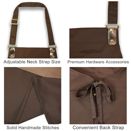 Barista Tools Apron for Women Hairstylists Servers Waterproof Canvas Kitchen Apron with 3 Pockets for Cooking Gardening (Dark Brown)
