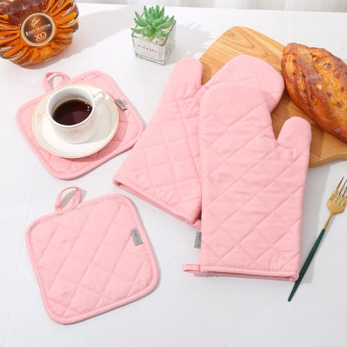 Oven Mitts and Pot Holders 4 pcs Set (Cotton-pink)