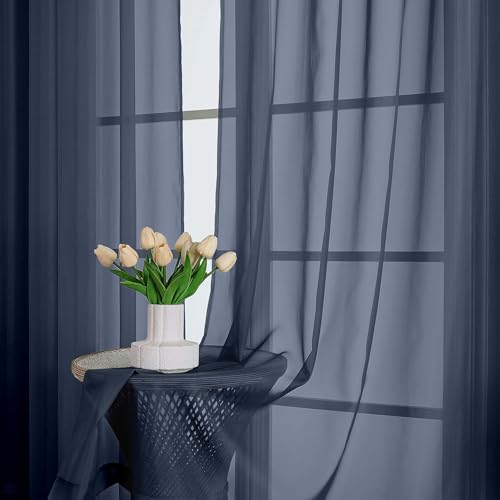 Navy Blue Sheer Curtain 90 Inches Long 2 Panels Set (Navy Blue / 59"W x 90"L (Pack of 2))