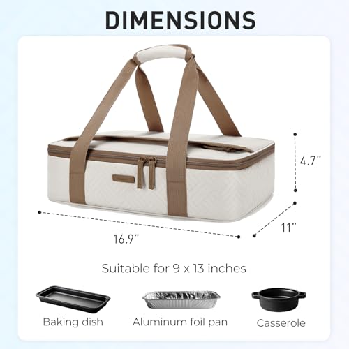Food Warmer Heated Casserole Carrier Electirc 12V 110V Portable Food Warmer Insulated Casserole Carrier for Fits 9" x 13" Baking Dish (Beige / Standard Heater 16.93 x 11.02 x 4.72inch)