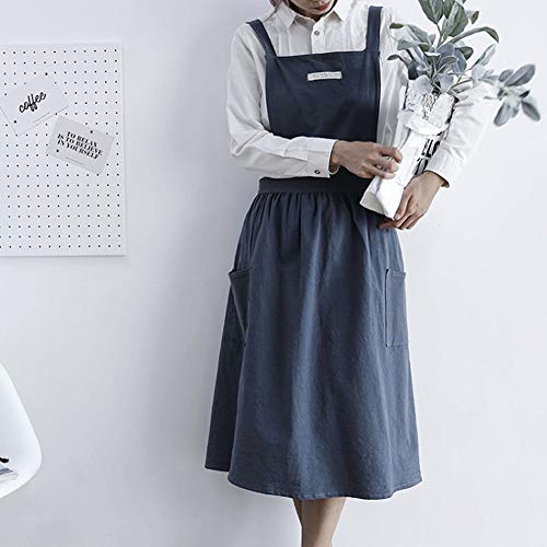 Cotton and linen Kitchen Cooking Aprons Dress for Women with Pockets Cute for Baking Painting Gardening Cleaning (Dark Gray)