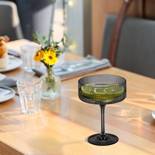 24 Pieces Martini Glasses 10.5oz Plasitc Ribbed Coupe Glasses Champagne Shatterproof Acrylic Vintage Cocktail Glassware Margarita Wine Glasses Disposable Cups for Parties Wedding Anniversary Bar Black (Black / 24 PCS)
