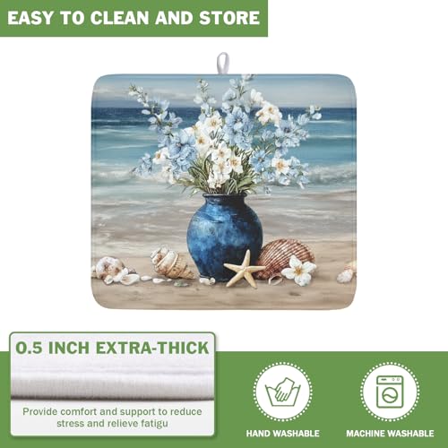 Summer Beach Dish Drying Mat for Kitchen Counter Nautical Coastal Blue Ocean Vase Floral Seashells Microfiber Dish Drainer Mat Absorbent Washable Drying Pad 16"x18" (Summer Beach / 18" x 16")