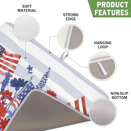 Patriotic Floral Dish Drying Mat for Kitchen Counter 4th of July American Flag Microfiber Dish Drainer Mat Red and Blue Flower Absorbent Washable Drying Pad 16"x18" (Patriotic Floral Flag / 18" x 16")