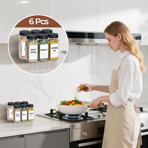 Glass Spice Jars with with Labels 4 oz 6 Pack Small Square (4 fl oz x 6 - Metal Lids)