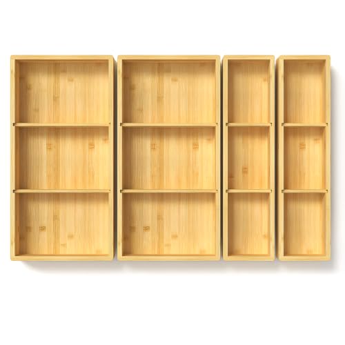 4 Packs Bamboo Drawer Organizer 2 pieces 12.6 * 6inches and 2 pieces 12.6 * 3.2inches (4 pieces 12.5X3.1)