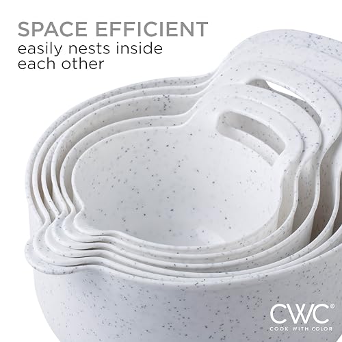 Nesting Plastic Mixing Bowl Set with Pour Spouts and Handles (Speckled White / 6 Piece Non-Slip)