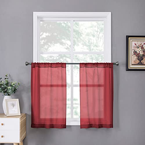 Sheer Tier Curtains Kitchen Linen Textured Half Curtain Sheers Light Filtering Rod Pocket Voile Bathroom Short Curtains for Farmhouse (25"W x 30"L (Pack of 2) / Burgundy Red)