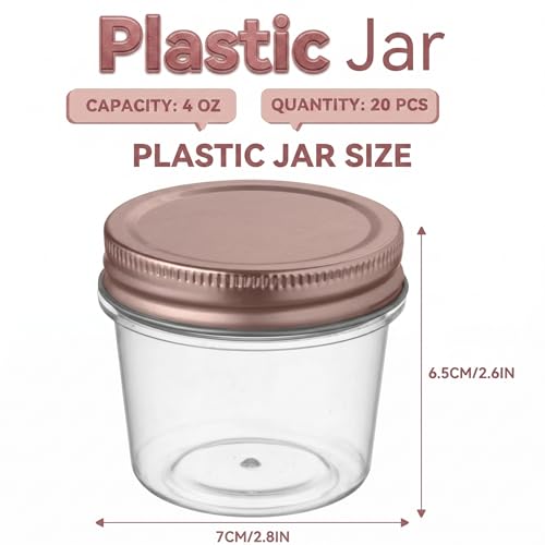4 oz Plastic Small Mason Jars and Small Plastic Jars with Lids (20 Pack 4 Ounce / Rose Gold)