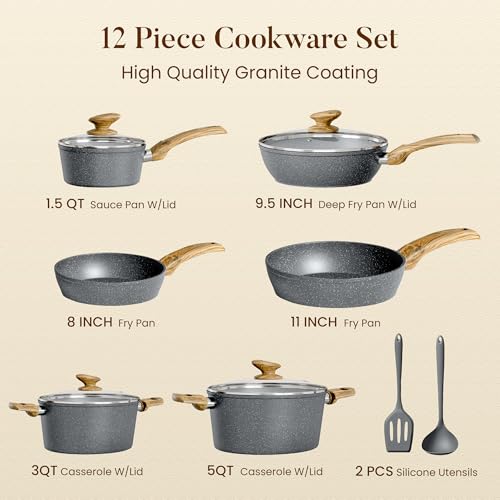12pcs Pots and Pans Set Non Stick (Gray / 12 PCS Cookware Set)