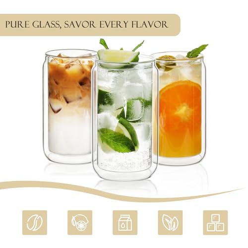 Double Wall Drinking Glass Cups with Bamboo Lids & Straws (11.8 Ounces)