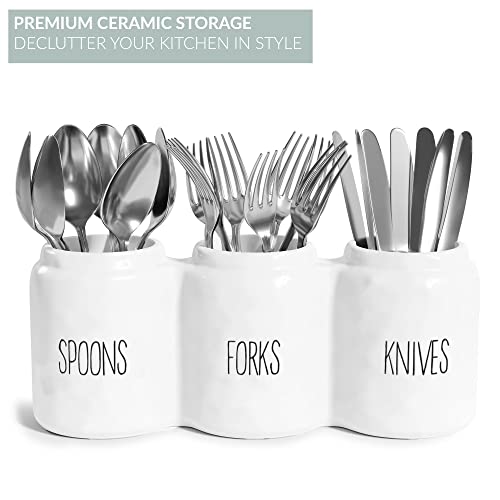 Ceramic Silverware Caddy Utensil Holder 12.5” x 5” (White)