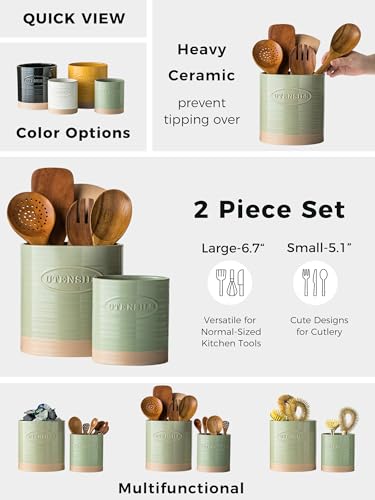Kitchen Utensil Holder Set of 2 (Set of 2 (6.7 inches + 5.1 inches) / C-Green & Clay)