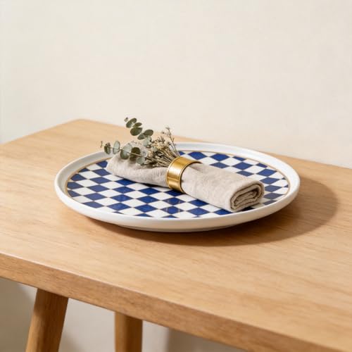 Ceramic Checkered Serving Plate with Gold Accent (Blue)