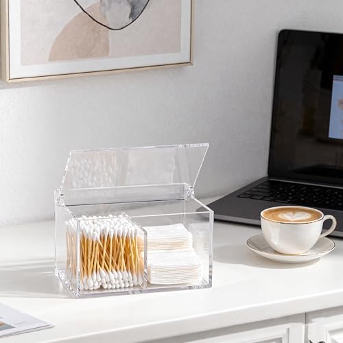 Clear Acrylic Cotton Swab Ball Holder Qtip Organizer with Lid 2 (5.9" x 4.53" x 3.94")