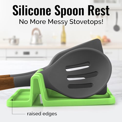Silicone Utensil Rest with Drip Pad for Multiple Utensils (Medium / Bright Green)