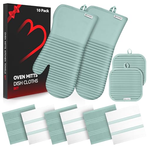 Oven Mitts and Pot Holder Sets with Silicone Grip (Mint Green)