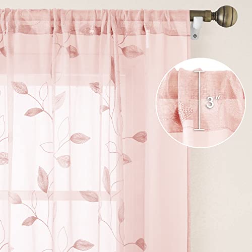 Blush Pink Sheer Curtains Leaf Embroidered (52"W x 63"L (Pack of 2) / Pink)