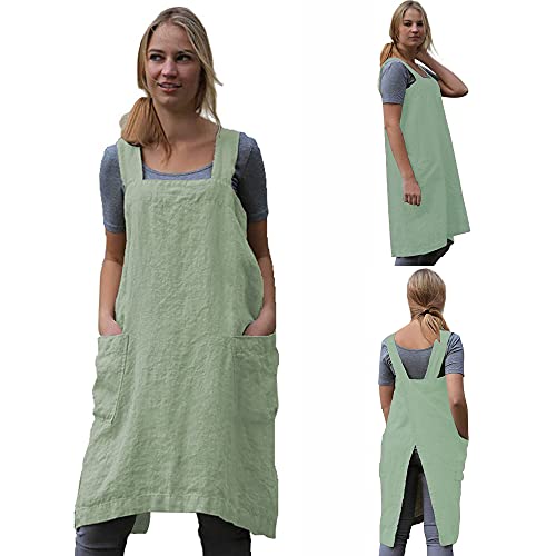 Cotton Linen Apron Blend Dress with Big Pockets for Women Square Pinafore Dress for Baking Cooking BBQ & Grill (Light Green / 3X-Large)
