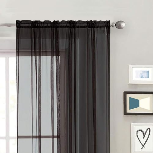 Basic Rod Pocket Sheer Voile Window Curtain Panels White 1 Pair 2 Panels 70 Width 72 Inch Long for Kitchen Bedroom Children Living Room Yard (Black / 70"W x 72"L (Pack of 2))