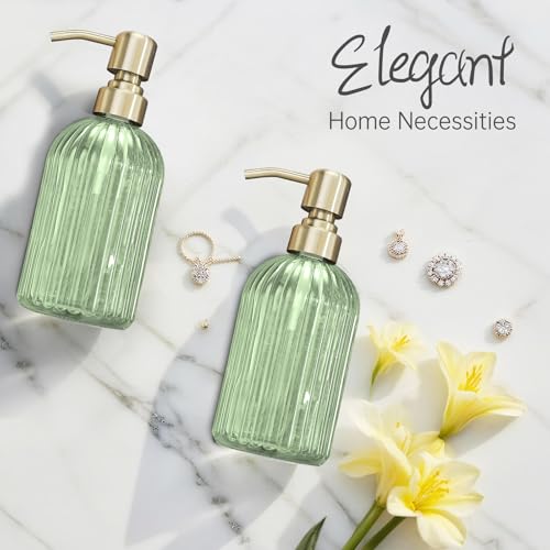 16Oz Green Glass Soap Dispenser with Rust Proof Stainless Steel Pump (Brushed Gold + Green / 1-Pack)