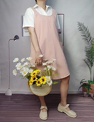 Cotton Cross Back Aprons Solid Color Cooking Kitchen Garden Smock for Women Girls with Pockets (Pink / 37W x 32L)